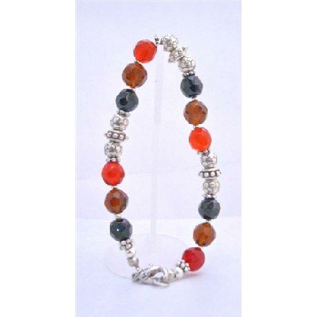TB639 Glass Beads Red Onyx Topaz Brown Bracelet w/ Flat Spacer & Silver Daisy Sapcer Plastic