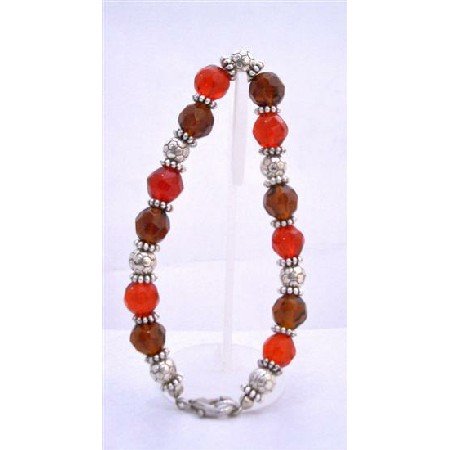 TB638 Faceted Glass Red Brown Bracelet w/ Daisy Spacer Bracelet Gorgeous Sparkling Bracelet
