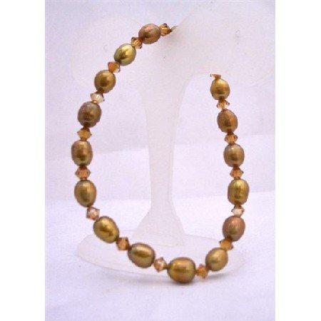 TB619 Rice Shaped Copper Golden Freshwater Pearls w/ Genuine Swarovski Bracelet