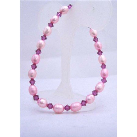 TB626 Pink Fuschia Freshwater Pearls Rice Shaped w/ Genuine Swarovski Fuschia Crystals Bracelet