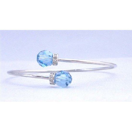 TB734 Aquamarine Swarovski Crystals Cuff Bracelet With Silver Rondells