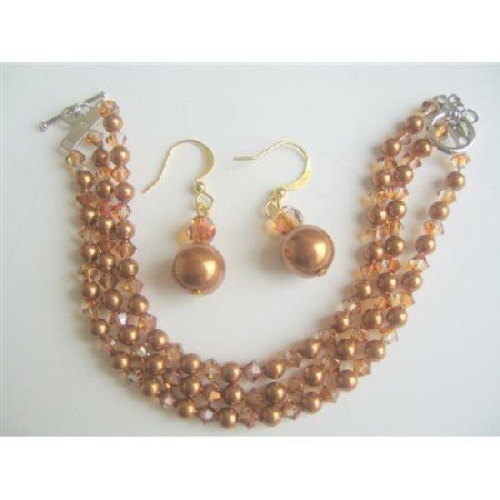 TB565 Copper Pearls & Copper Swarovski Crystals Three Stranded Bracelet w/ Earrings