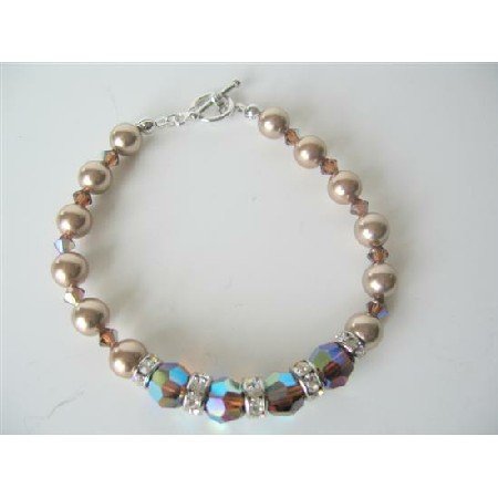 TB528 Bronze Pearls AB 2X Smoked Topaz Swarovski Pearls & Crystals Bracelet Bridal FlowerGirl