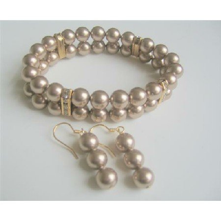 TB560 Bracelet Earrings Jewelry Set Double Strands Swarovski Bronze Pearls Stretchable Bracelet