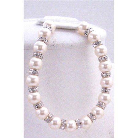 TB580 White Pearls w/ Sparkling Rondells Genuine Swarovski Pearls Bridal Bracelet