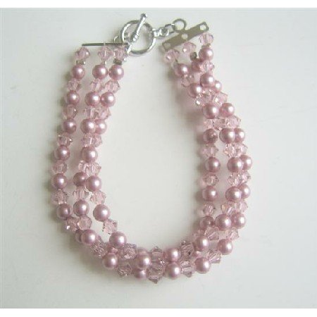 TB564 Swarovski Powder Rose Pearls w/ Lite Swarovski Amethyst Crystals Three Stranded Bracelet