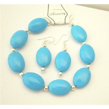 TB520 Turquoise Oval Beads Bracelet Earrings Set w/ Silver Beads Spacer Bracelet