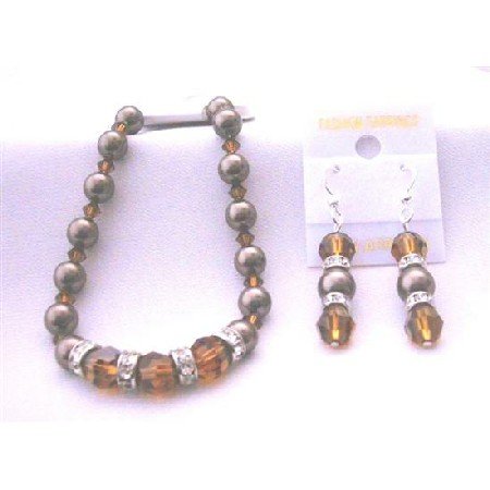 TB403 Chocolate Pearls Bracelet Earrings Genuine Swarovski Smoked Topaz Crystals & Brown Pearls