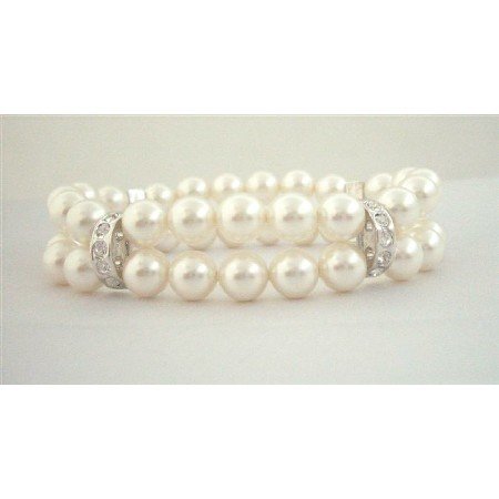 TB581 Double Stranded Swarovski White Pearls w/ Silver Rondells Genuine Swarovski Pearls Bracelets