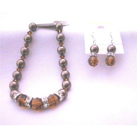 TB401 Swarovski Chocolate Brown Pearls Bracelet Earrings Genuine Swarovski Smoked Topaz