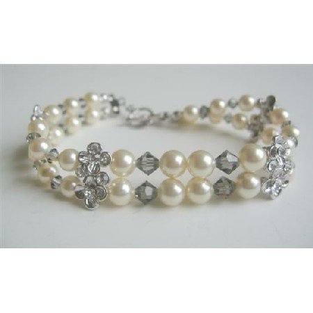 TB559 Black Diamond Swarovski Crystals w/ Swarovski Cream Pearls Double Stranded Bracelet