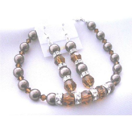 TB404 Chocolate Pearls Bracelet Earrings Genuine Swarovski Smoked Topaz Crystals & Brown Pearls