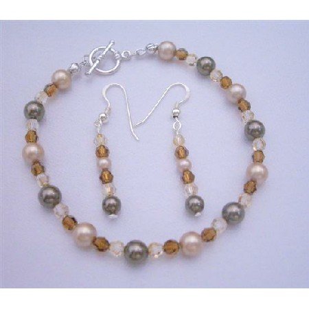 TB388 Bridal Bridemaides Bracelet Earrings Alll Genuine Swarovski Pearls Crystals Handcrafted