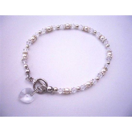 TB521 Heart Charm Swarovski Clear Irridscent Crystals w/ White Pearls And Bali Silver Bridal