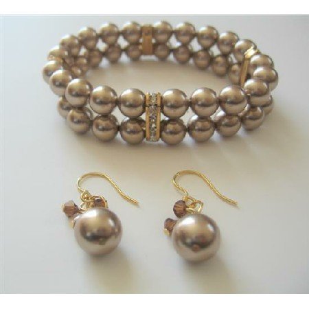 TB529 Double Strands Swarovski Bronze Pearls Stretchable Bracelet And Earrings w/ Gold Rondells