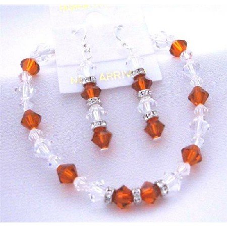 TB405 Burnt Orange Crystals & Clear Crystals Bracelet Earrings Genuine Swarovski Crystals