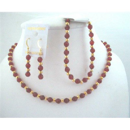 BRD562 Round Swarovski Siam Red Crystals Bridemaides Bride Jewelry w/ Necklace Earrings & Bracelet
