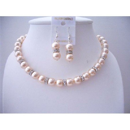 BRD475 Silver Rondells Peach Swarovski Pearls 10mm Necklace Set w/ Sparkling Simulate Diamond
