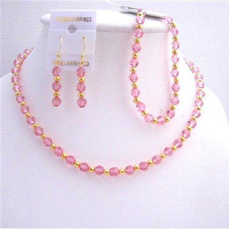 BRD561 Rose Pink Crystals Necklace Earrings Bracelet Jewelry Set Genuine Swarovski Crystals