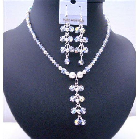 BRD492 White Pearls & AB Swarovski Crystals Dangling Drop Necklace And Earrings Jewelry Set