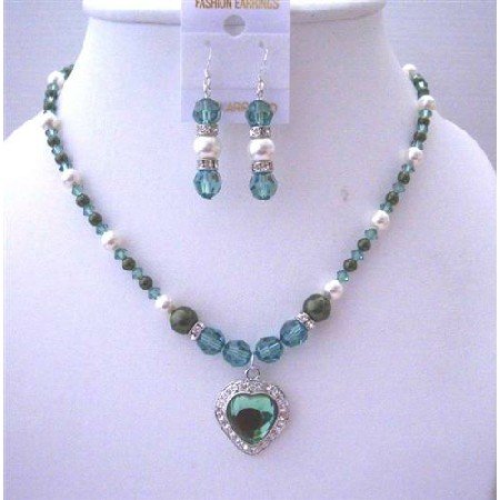 BRD503 Erinite Crystals Heart Pendant Jewelry Set Swarovski White Dark Green Pearls