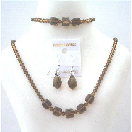 BRD437 Genuine Swarovski Smoked Topaz Custom Jewelry Complet Set w/ Bracelet Handmade Jewelry