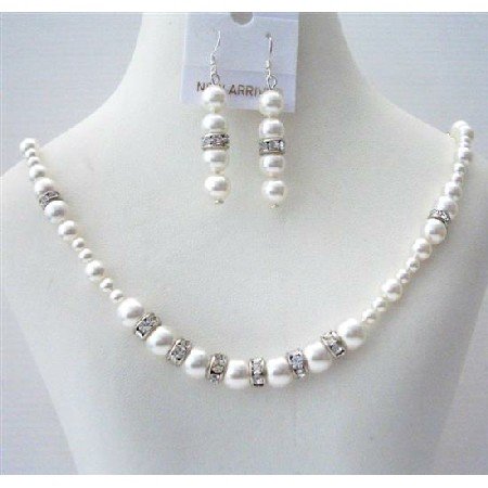 BRD487 White Pearls Handcrafted Custom Bridal Jewelry Set Genuine Swarovski White Pearls Necklace