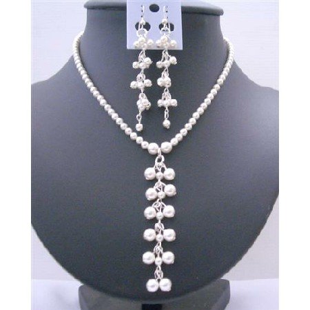 BRD418 White Pearls Genuine Swarovski Pearls Danglng Drop Necklace And Earrings Jewelry Set