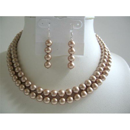BRD589 Champagne Pearls Double Stranded Necklace Set Genuins Swarovski Champagne