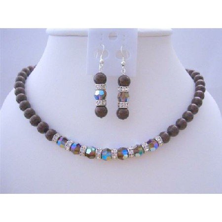 BRD423 Meroon Pearls Jewelry Set w/ Genuine Swarovski Smoked Topaz 2X Crystals Necklace