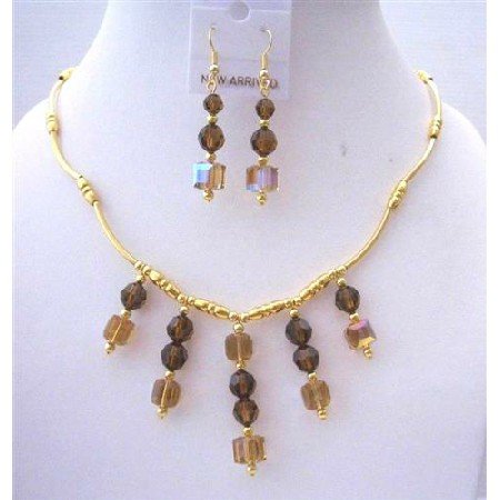 BRD453 Gold Necklace 22k Gold Plated Necklace w/ Genuine Sparkling Swarovski Smoked Topaz