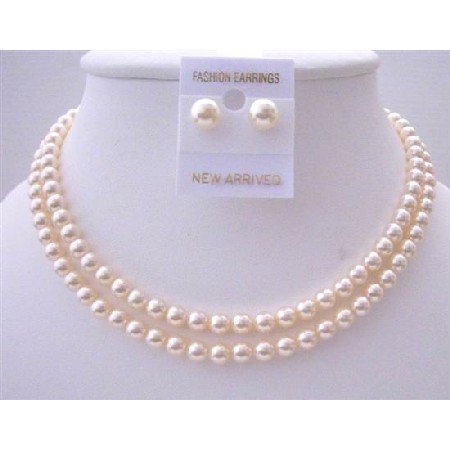 BRD452 Bridal Jewelry Ivory Pearls Double Stranded Necklace Set w/ Stud Pearls 6mm