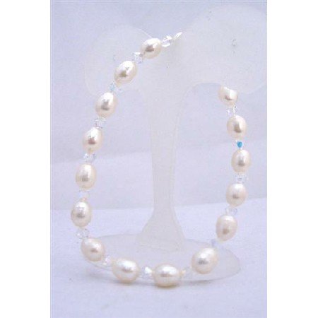 TB623 Freshwater Pearls Stretchable Bracelet w/ Swarovski AB Crystals Cream Freshwater Pearls