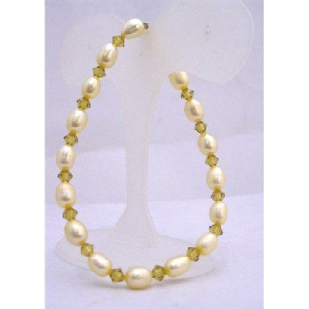 TB624 Yellow Lime Freshwater Rice Shaped Pearls w/ Swarovski Olivine Crystals Stretchable Bracelet