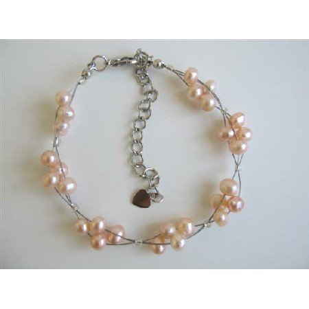TB602 Peach Freshwater Pearls White Pearls 3 Stranded Wire Bracelet