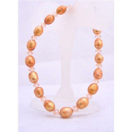 TB627 Orange Rice Freshwater Pearls w/ Swarovski Peach Crystals Stretchable Bracelet