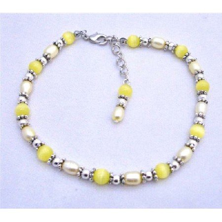 TB633 Yellow Cat Eye Beads Bali Silver Freshwater Pearls Bracelet