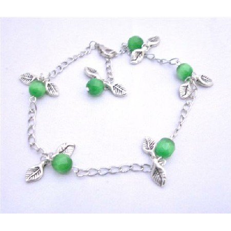 TB635 Charm Leave Bracelet Faceted Green Cat Eye Beads Silver Plated Chain Bracelet
