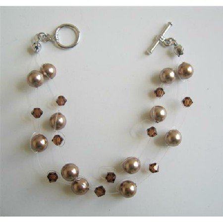TB599 Double Stranded Bronze Pearls Bracelet Swarovski Crystals & Pearls Bracelet