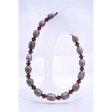 TB621 Natural Metallic Freshwater Pearls w/ Siam Red Swarovski Crystals Stretchable Bracelet