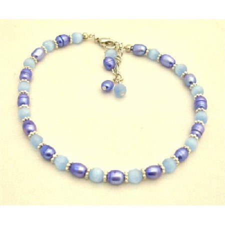 TB643 Tanzanite Dyed Rice Pearls Bracelet w/ Lavender Faceted Cat Eye & Bali Silver Bracelet