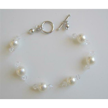 TB597 Clear Crystals & White Pearls Wire Bracelet w/ Toggle Clasp Genuine Swarovski Pearls