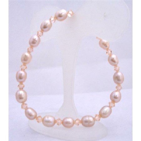 TB625 Peach Freshwater Pearls Peach Swarovski Crystals Stretchable Bracelet Handcrafted Bracelet