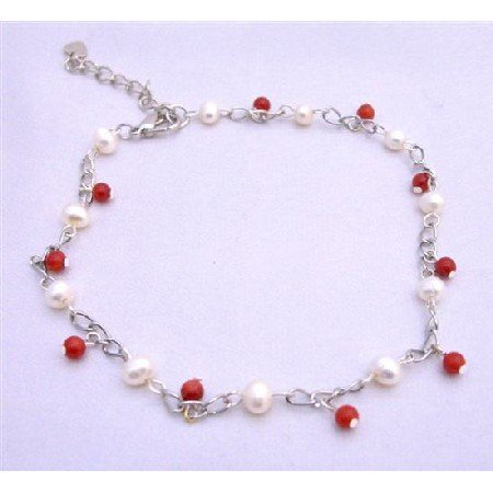 TB634 Red Beads & Freshwater Pearls Bracelet Red & white Bracelet