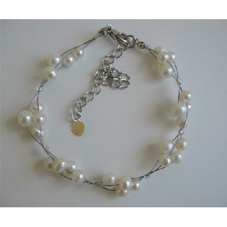 TB601 Freshwater Pearls Off White Pearls 3 Stranded Wire Bracelet