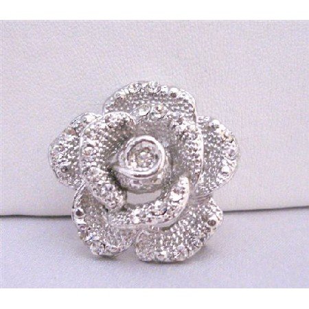B212 Silver Vintage Rose Brooch Embedded Decorated w/ Cubic Zircon