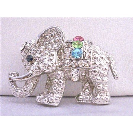 B198 Cute Cubic Zircon Elephant Brooch w/ Multi Colored Cubic Zircon Brooch