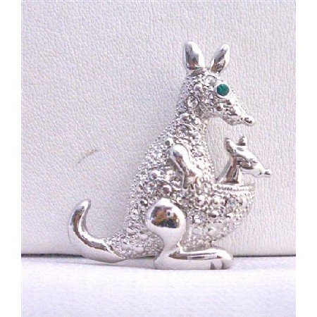 B250 Kangaroo Animal Brooch Silver Casting Fully Embedded w/ Cubic Zircon Brooch