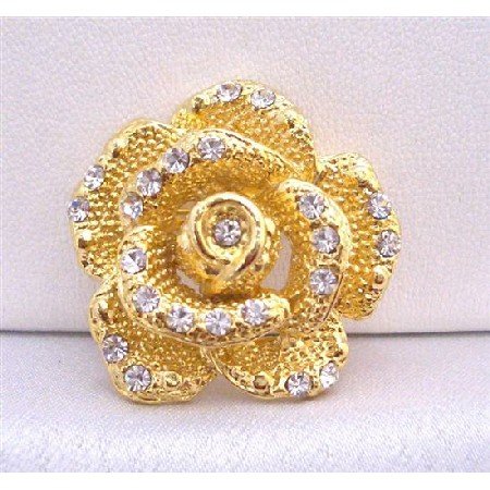 B211 Gold Rose Round Brooch Decorated w/ Cubic Zircon