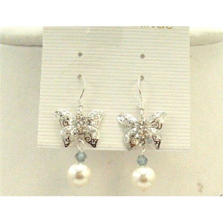 ERC435 Silver Butterfly Earrings w/ White Swarovski Pearls Black Diamond Crystals Earrings